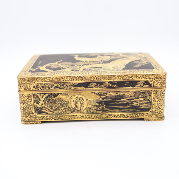 FUJI YOSHITOYO 1880 Japan Komai Desk Box In Gold Inlaid Iron damascene 24Kt Gold
