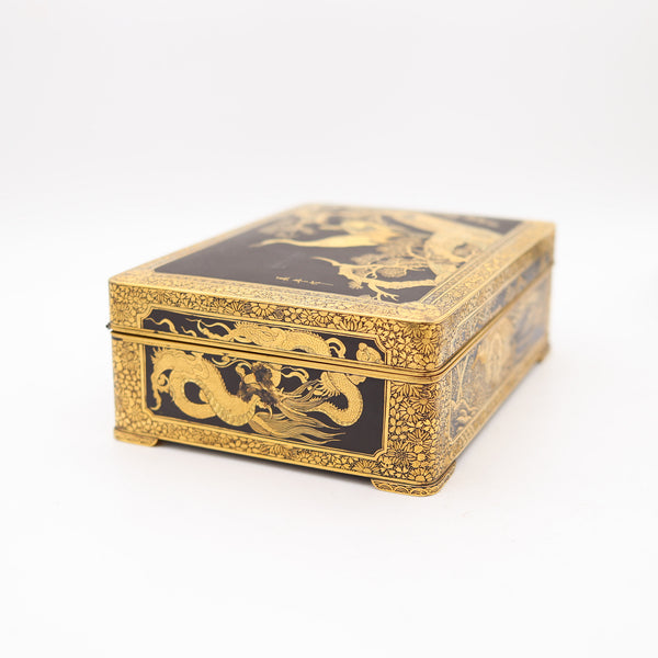 FUJI YOSHITOYO 1880 Japan Komai Desk Box In Gold Inlaid Iron damascene 24Kt Gold