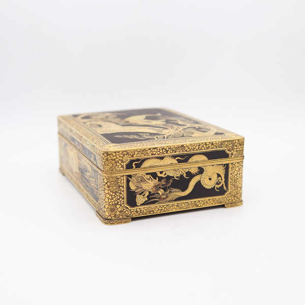 FUJI YOSHITOYO 1880 Japan Komai Desk Box In Gold Inlaid Iron damascene 24Kt Gold