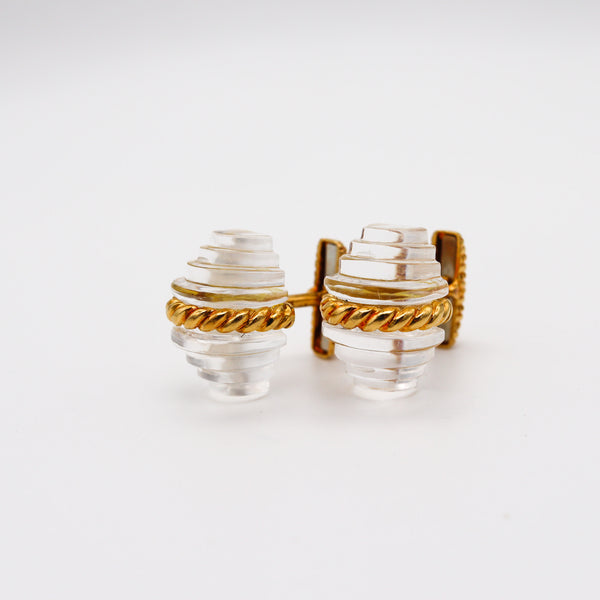 MODERNIST CUFFLINKS 1970 Stepped Carved Rock Quartz And Textured 18Kt Yellow Gold