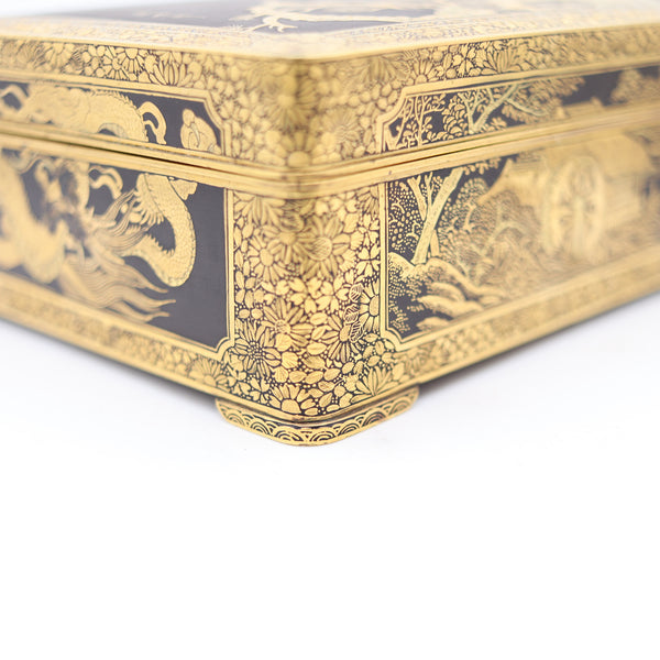 FUJI YOSHITOYO 1880 Japan Komai Desk Box In Gold Inlaid Iron damascene 24Kt Gold