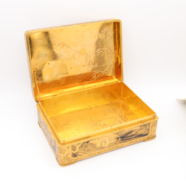 FUJI YOSHITOYO 1880 Japan Komai Desk Box In Gold Inlaid Iron damascene 24Kt Gold