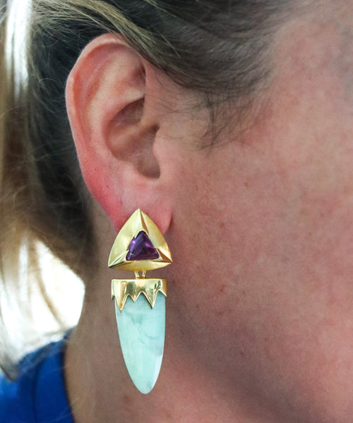 -Modernist Convertible Dangle Earrings In 14Kt Gold With 32 Ctw Amethyst And Green Agate