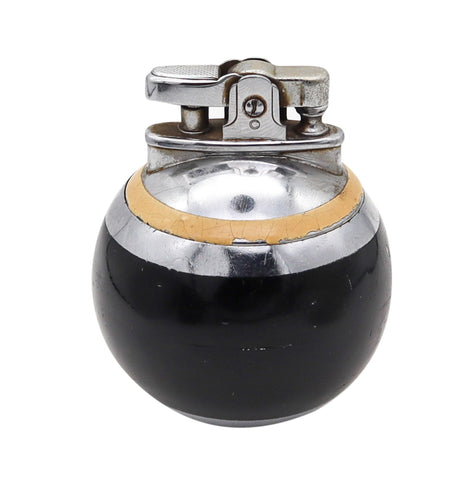 -Ronson England 1929 Deco RonDeLight Steel Table Lighter In Black Cream Lacquer