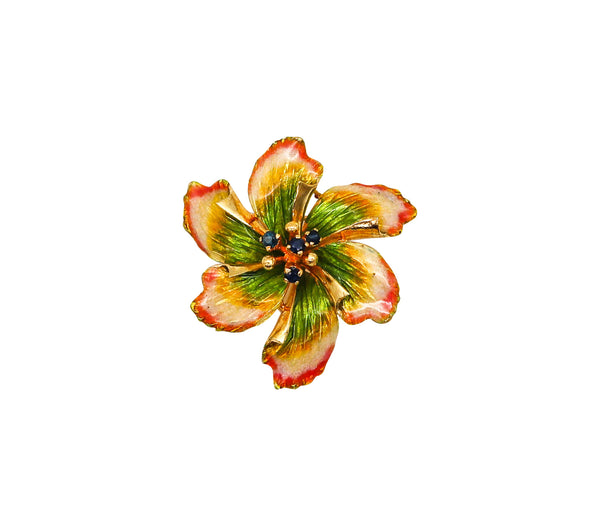-Italian 1950 Mid Century Enameled Flower Brooch In 18Kt Gold With Sapphires