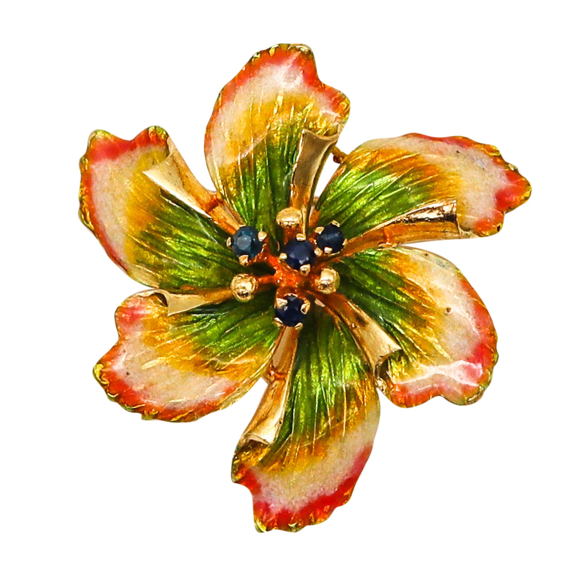 -Italian 1950 Mid Century Enameled Flower Brooch In 18Kt Gold With Sapphires