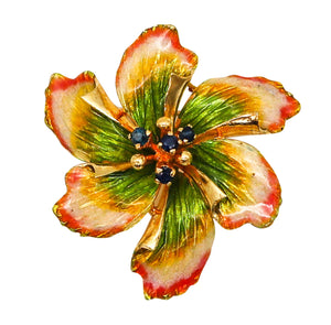 -Italian 1950 Mid Century Enameled Flower Brooch In 18Kt Gold With Sapphires