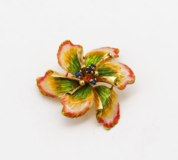 -Italian 1950 Mid Century Enameled Flower Brooch In 18Kt Gold With Sapphires