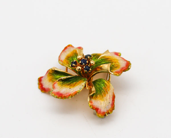 -Italian 1950 Mid Century Enameled Flower Brooch In 18Kt Gold With Sapphires
