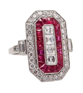 ART DECO 1930 Cocktail Ring In Platinum With 3.07 Ctw In Diamonds And Rubies