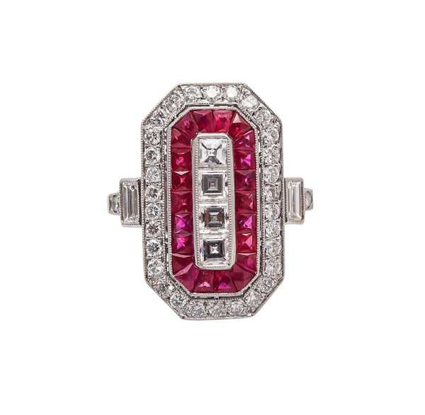 ART DECO 1930 Cocktail Ring In Platinum With 3.07 Ctw In Diamonds And Rubies