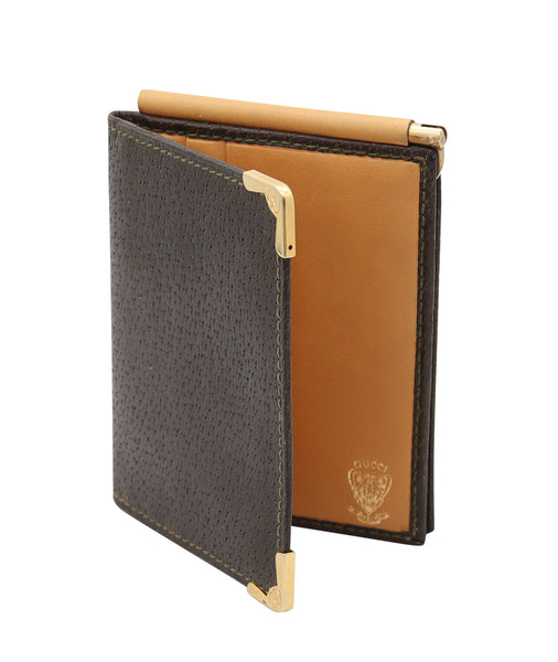 GUCCI Milano 1970 Vintage Foldable Thin Wallet In Brown Leather & Gilt Bronze