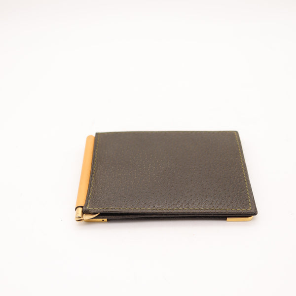GUCCI Milano 1970 Vintage Foldable Thin Wallet In Brown Leather & Gilt Bronze