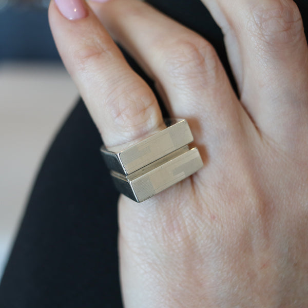 GUCCI Milano Vintage Geometric Double Cocktail Ring In Solid .925 Sterling Silver