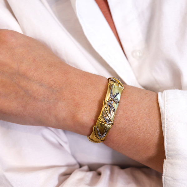 -French 1880 Bamboo Bracelet In 18Kt Yellow Gold With Rose Cut Diamonds