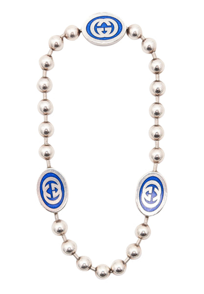 GUCCI 1980 Modernist G Motif Bracelet In .925 Sterling Silver With Blue Enamel