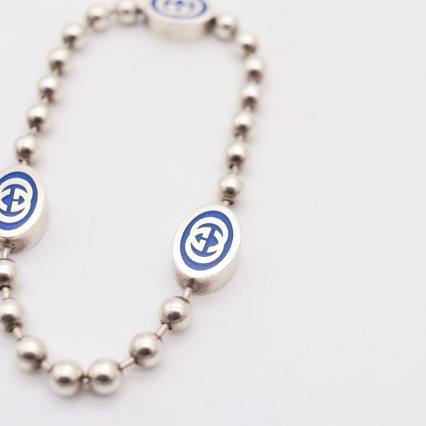 GUCCI 1980 Modernist G Motif Bracelet In .925 Sterling Silver With Blue Enamel