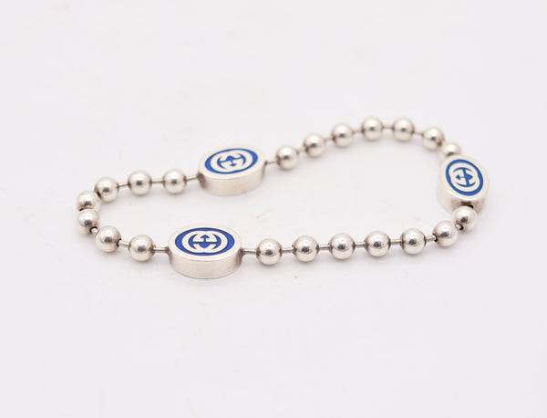 GUCCI 1980 Modernist G Motif Bracelet In .925 Sterling Silver With Blue Enamel