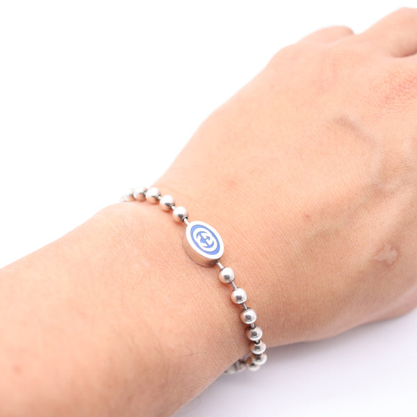 GUCCI 1980 Modernist G Motif Bracelet In .925 Sterling Silver With Blue Enamel