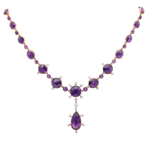 VICTORIAN 1880 Convertible Necklace In 18Kt Gold Graduated Amethysts & Diamonds