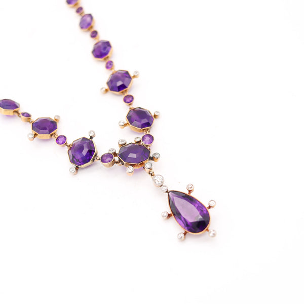 VICTORIAN 1880 Convertible Necklace In 18Kt Gold Graduated Amethysts & Diamonds