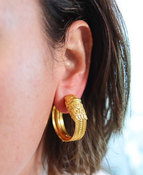 -Lalaounis 1970 Paris Hellenistic Hoops Earrings In Solid 18Kt Yellow Gold