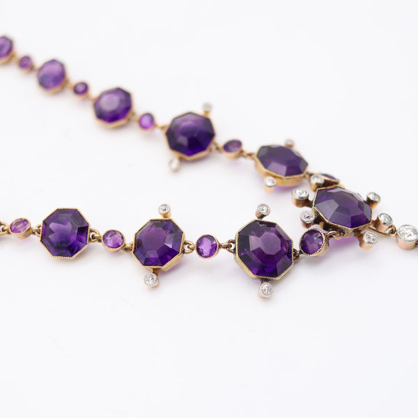 VICTORIAN 1880 Convertible Necklace In 18Kt Gold Graduated Amethysts & Diamonds