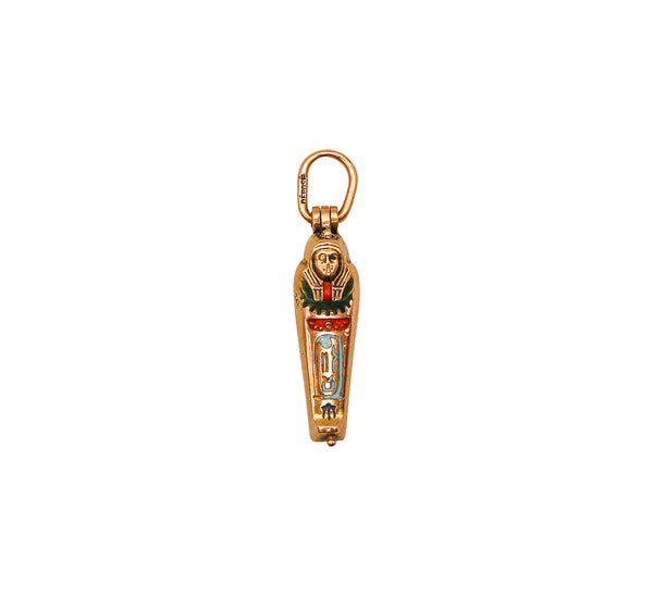 -French 1920 Art Deco Egyptian Revival Surprise Sarcophagus Charm In 18Kt Gold And Enamel
