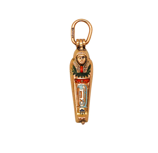 -French 1920 Art Deco Egyptian Revival Surprise Sarcophagus Charm In 18Kt Gold And Enamel