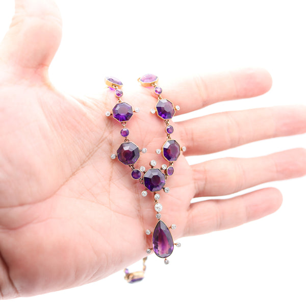 VICTORIAN 1880 Convertible Necklace In 18Kt Gold Graduated Amethysts & Diamonds