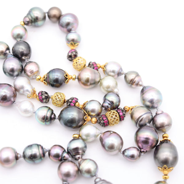 VERDURA Milano Long Tahitian-Pearls Sautoir Necklace In 18Kt Gold Rubies & Diamonds