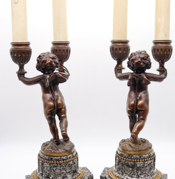 French 1870 Pair Of Empire Candle Holders Lamps In Ormolu With Gray Dotted Granite