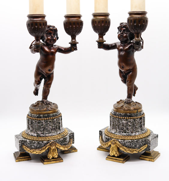 French 1870 Pair Of Empire Candle Holders Lamps In Ormolu With Gray Dotted Granite