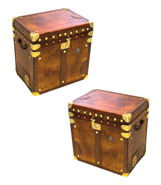 +England 1900 Victorian Historical Pair Of Army Officer Travel Chests In Leather And Bronze