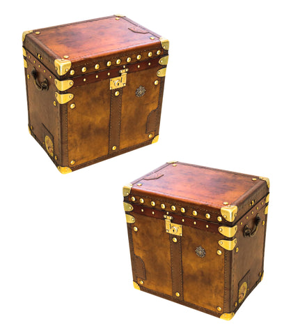 +England 1900 Victorian Historical Pair Of Army Officer Travel Chests In Leather And Bronze