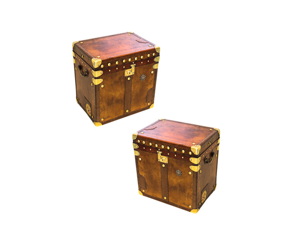 +England 1900 Victorian Historical Pair Of Army Officer Travel Chests In Leather And Bronze