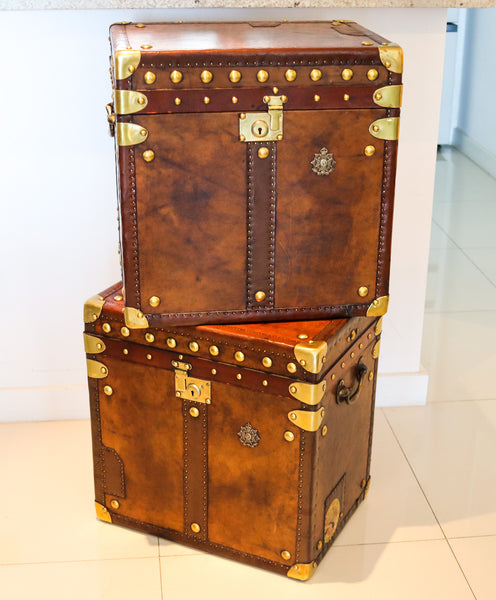 +England 1900 Victorian Historical Pair Of Army Officer Travel Chests In Leather And Bronze