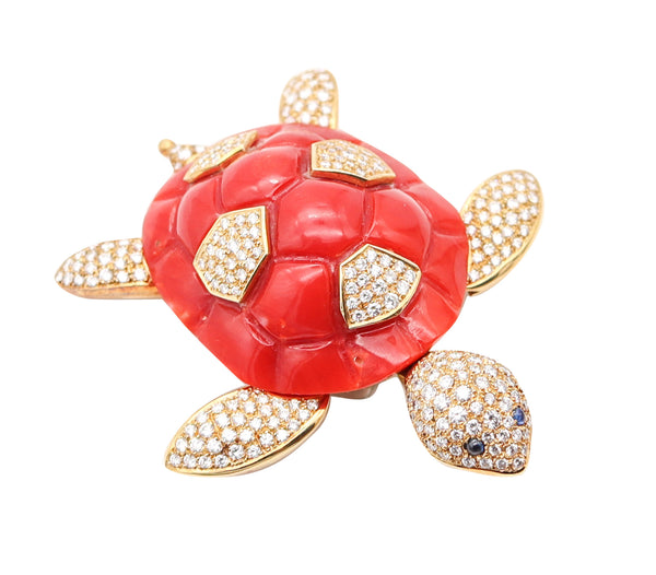 NARDI Venice 1960 Articulated Coral Turtle Brooch In 18Kt Gold Diamonds & Sapphires