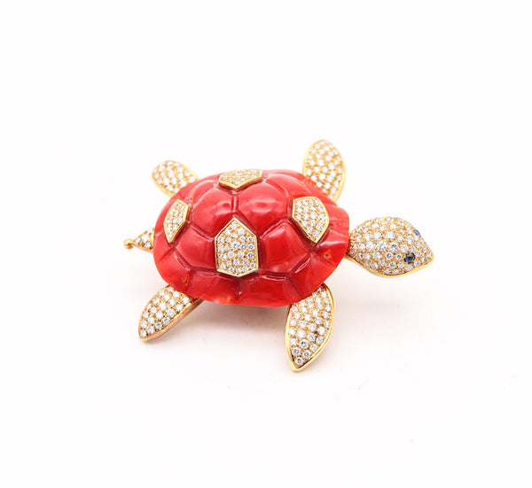 NARDI Venice 1960 Articulated Coral Turtle Brooch In 18Kt Gold Diamonds & Sapphires