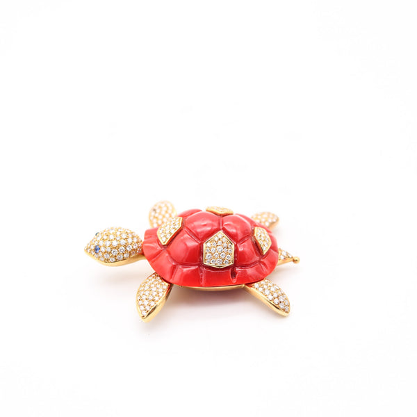 NARDI Venice 1960 Articulated Coral Turtle Brooch In 18Kt Gold Diamonds & Sapphires