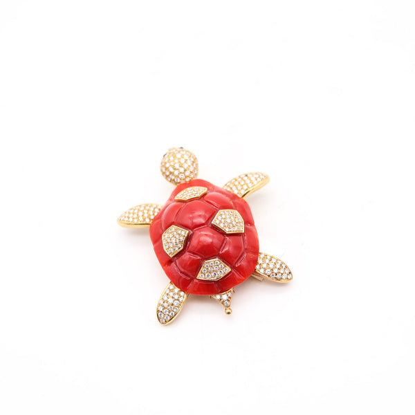 NARDI Venice 1960 Articulated Coral Turtle Brooch In 18Kt Gold Diamonds & Sapphires