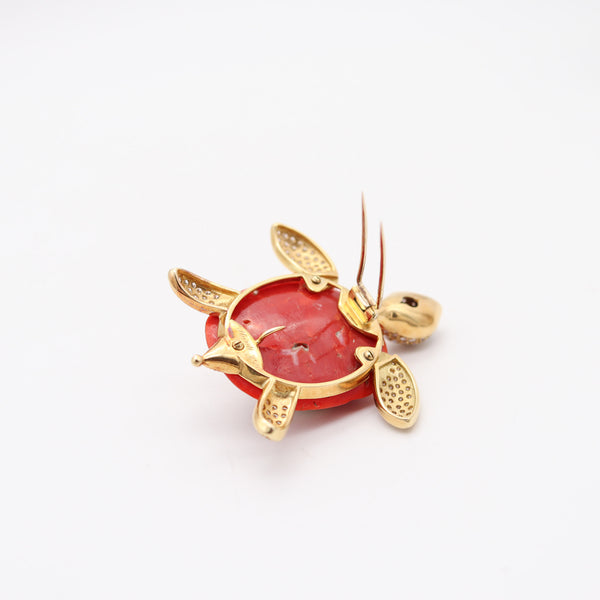 NARDI Venice 1960 Articulated Coral Turtle Brooch In 18Kt Gold Diamonds & Sapphires