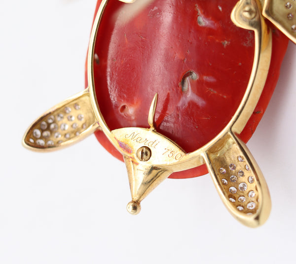 NARDI Venice 1960 Articulated Coral Turtle Brooch In 18Kt Gold Diamonds & Sapphires