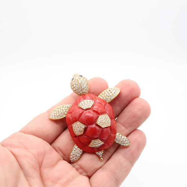 NARDI Venice 1960 Articulated Coral Turtle Brooch In 18Kt Gold Diamonds & Sapphires