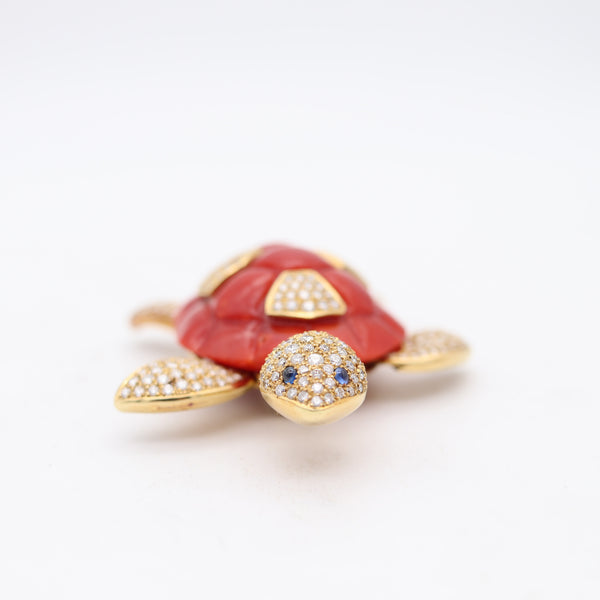 NARDI Venice 1960 Articulated Coral Turtle Brooch In 18Kt Gold Diamonds & Sapphires
