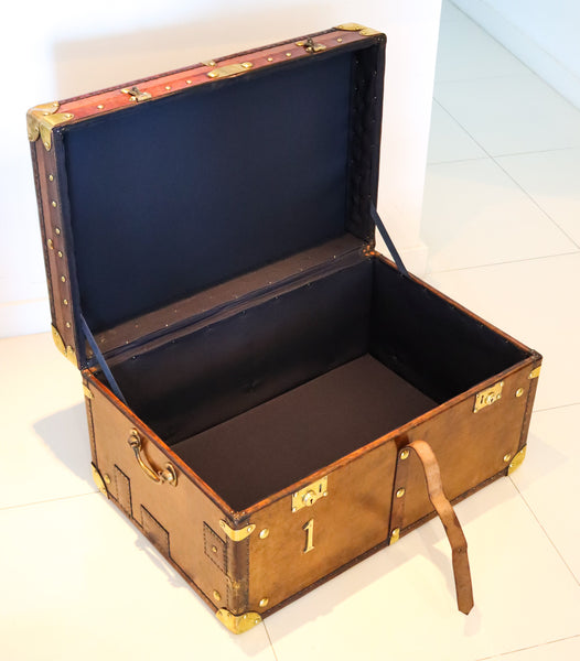 England 1900 Victorian Large Army Officer Travel Chest In Leather And Bronze