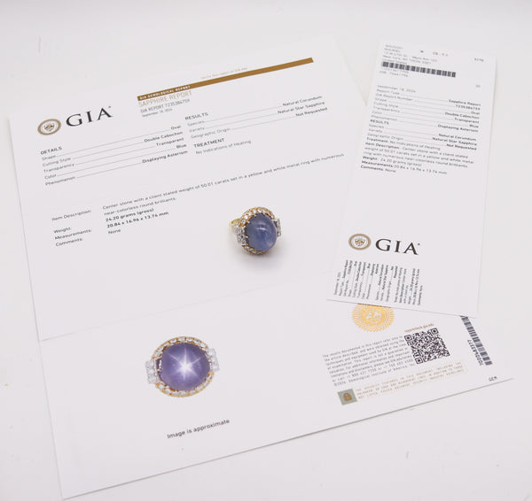 GIA CERTIFIED Huge Cocktail Ring 18Kt Gold With 54.31 Ctw Star Sapphire & Diamonds