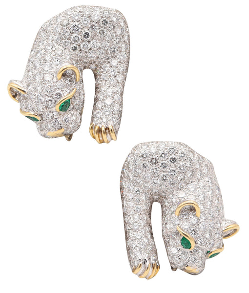 DAVID WEBB Panther Clips-On Earrings In Platinum With Diamonds & Emeralds