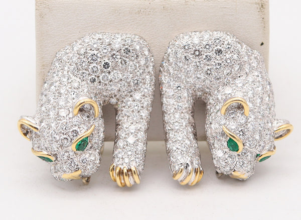 DAVID WEBB Panther Clips-On Earrings In Platinum With Diamonds & Emeralds