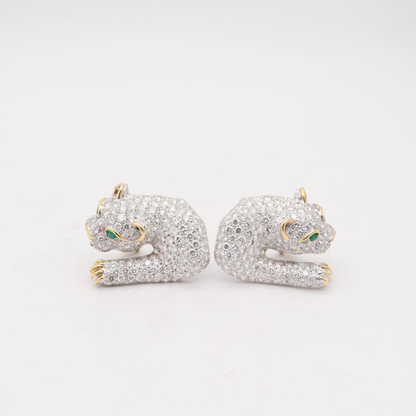 DAVID WEBB Panther Clips-On Earrings In Platinum With Diamonds & Emeralds
